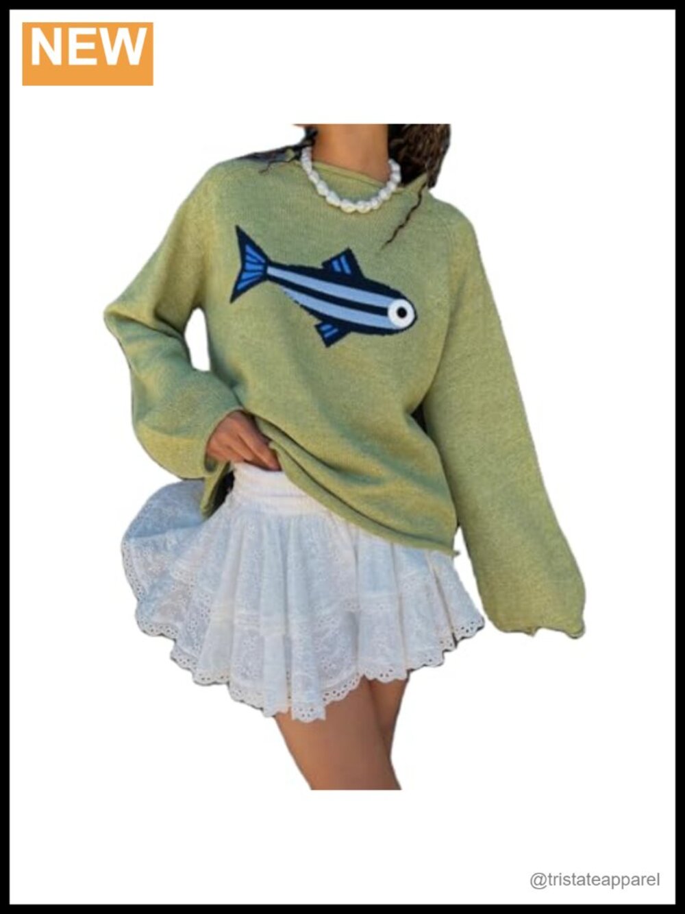 Women Rib Knit Fish Graphic Sweater Crew Neck Oversized Vintage Pullover Soft